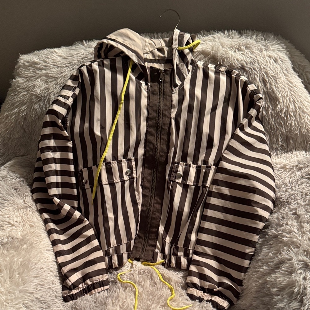 Ci Sono Black and White Striped Bomber Jacket with Yellow Drawcord